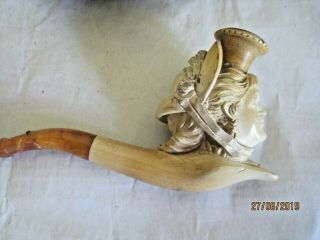 Antique VICTORIAN Lady ' s Head Bust Carved Meerschaum Cheroot Pipe.  Leather Case 2