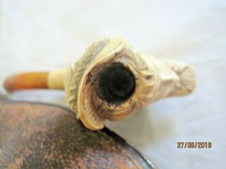 Antique VICTORIAN Lady ' s Head Bust Carved Meerschaum Cheroot Pipe.  Leather Case 5