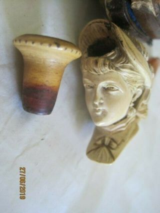 Antique VICTORIAN Lady ' s Head Bust Carved Meerschaum Cheroot Pipe.  Leather Case 6