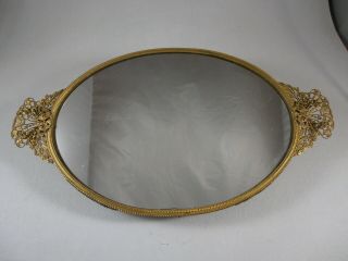 Vtg Gold Ormolu Perfume Bottles Filigree Lace Mirrored Mirror Vanity Tray 14x8