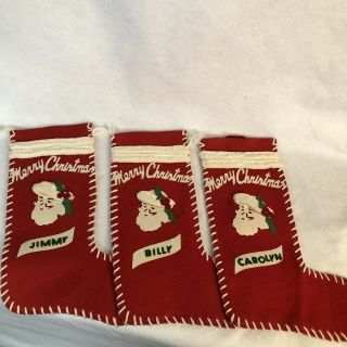 3 Vintage Wool Appliqued & Embroidered Santa Merry Christmas Stockings