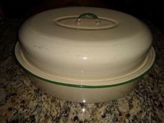 Vintage Enamelware Cream And Green Trim Roaster Pan With Lid Handles