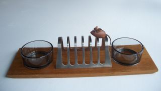 Vintage Denmark Dansk Teak Wood & Stainless Steel Toast Rack & Glass Jam Bowls