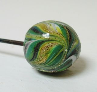 Antique Hatpin Venetian Foil Art Glass Ball Aventurine