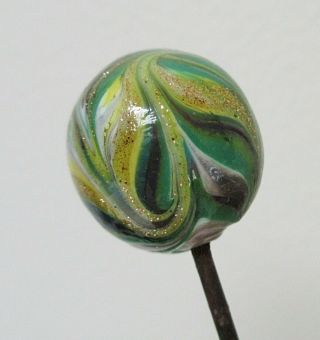 Antique Hatpin Venetian Foil Art Glass Ball Aventurine 2