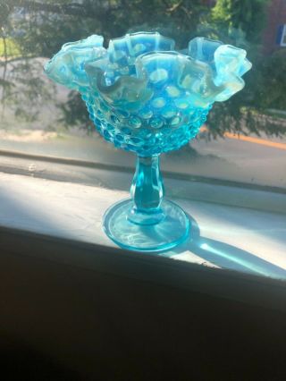 Vintage Fenton Art Glass Blue Opalescent Hobnail Candy/Dessert/Compote Dish 2