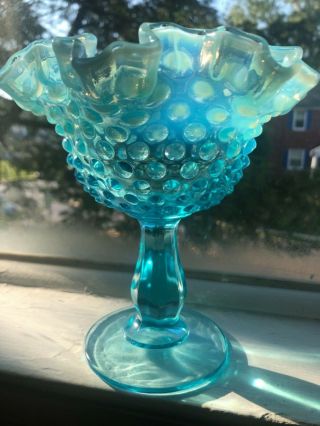 Vintage Fenton Art Glass Blue Opalescent Hobnail Candy/Dessert/Compote Dish 3