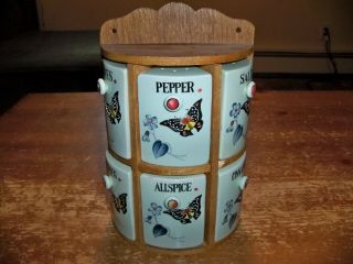 Vintage Spice Rack Jar Set - - 6 Butterflies Blue Flowers Curved Design