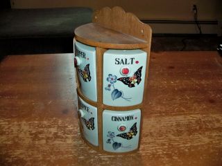 Vintage Spice Rack Jar Set - - 6 Butterflies Blue Flowers Curved Design 3