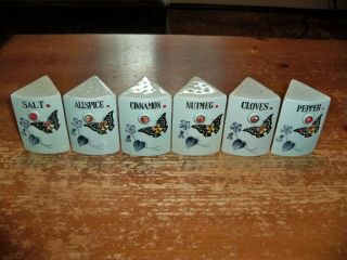 Vintage Spice Rack Jar Set - - 6 Butterflies Blue Flowers Curved Design 4