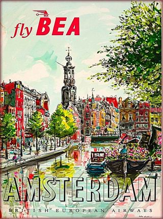 Fly Bea To Amsterdam Holland Europe Vintage Travel Art Poster Advertisement