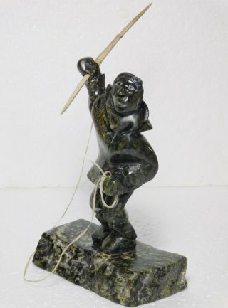 Inuit Eskimo Soapstone Carving Sculpture " Hunter With Harpon " By Adamie Sharky