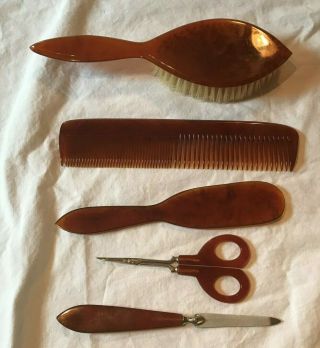 Vintage 5 Pc Vanity Set Faux Tortoise Hairbrush,  Scissors,  Comb,  Shoehorn,  File