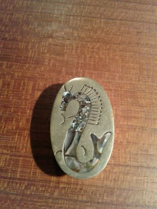 Vintage Abalone,  Mother Of Pearl & Alpaca Pill Box Unique Sea Horse Design