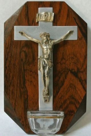 Antique French Palisander Wood Wall Holy Water Font Crucifix Jesus Christ