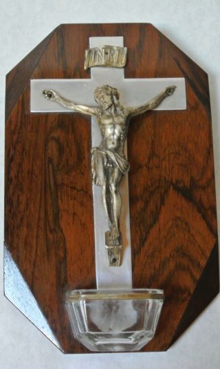 Antique French Palisander Wood Wall Holy Water Font Crucifix Jesus Christ 2