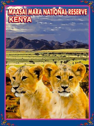 Maasai Mara National Reserve Kenya Africa Lion Cubs Travel Poster Advertisement