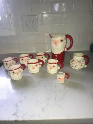 1959 Holt Howard Christmas Winking Santa Claus Ceramic Pitcher & 6 Cups Hh