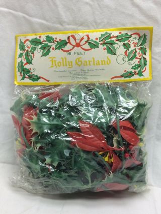 Vintage Holly Garland Christmas Decoration 16 Ft Feet Holiday Plastic Ross