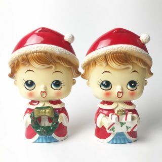 Vintage Christmas Caroler Figurines Japan Porcelain Cute Pair Santa Hat 7”