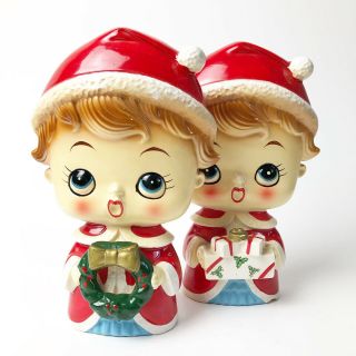 Vintage Christmas Caroler Figurines Japan Porcelain Cute Pair Santa Hat 7” 2