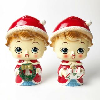 Vintage Christmas Caroler Figurines Japan Porcelain Cute Pair Santa Hat 7” 4