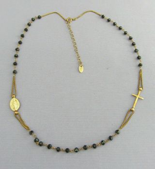 Vintage Italy Dyadema Gold Wash Sterling Black Glass Bead Rosary Necklace