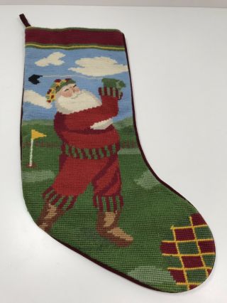 Vintage Wool Needlepoint Christmas Stocking Santa Golfing Red Velvet Backing