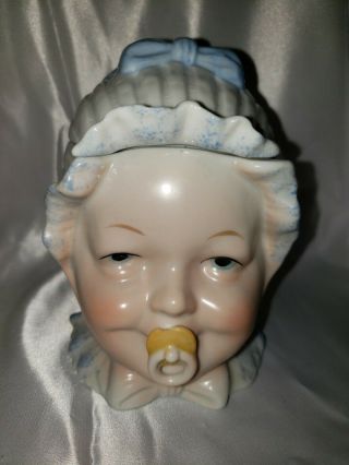 Vintage Tobacco Smiling Baby Boy Head With Pacifier Lidded Porcelain Jar