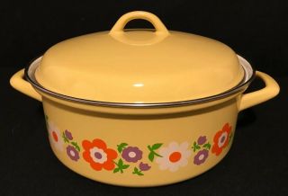Large Moneta Vintage Flower Enamel Cookware,  Yellow,  Green Floral Pan Pot W/ Lid