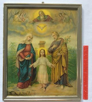 Leiber Victorian Religious Lithograph Picture Holy Family God Angels W/ Frame