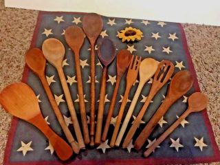 12 Vtg Primitive Wooden Spoons Fork Paddle Farmhouse Country Kitchen Folk Decor