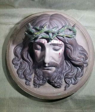 Antique Bavaria Porcelain Jesus With Crown 14 1\2 " 3d Plaque Religious