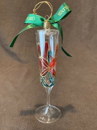 Waterford Champagne Flute Glass Gold Red Green Christmas Ornament 6 " H