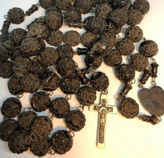 Large Vintage Rosary Hand Carved Wooden Beads Metal Cross