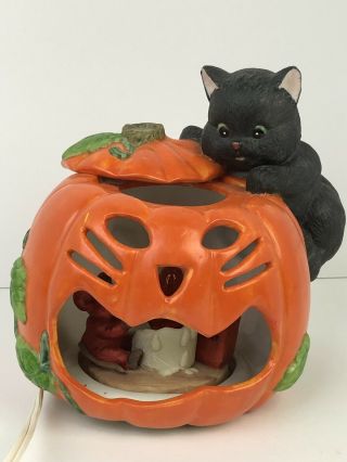 Vintage Enesco Jack O Lantern Halloween Night Light Black Cat And Mouse 1991