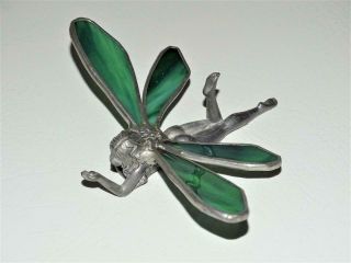 Vintage Pewter Fairy Faerie With Green Slag Glass Wings By Monster Metals