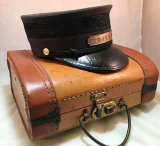 Antique B&o Railroad Conductors Hat & Leather Carrying Case
