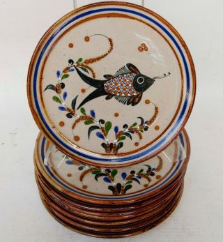Set Of Eight 8 Vintage Mexican Pottery Fish Dinner Plates Tonala Jalisco
