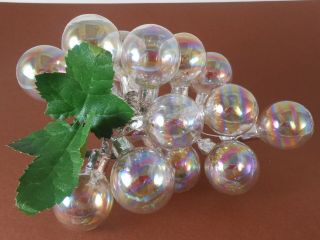 Xmas Ornament Clear Iridescent Bunch Of Grapes:glass Balls Mounted On Wire Stem