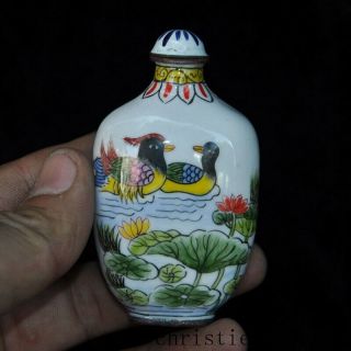 3 " Chinese Fengshui Bronze Cloisonne Mandarin Duck Bird Love Snuff Bottle