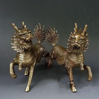 Chinese Pure Brass Animal Fengshui Kylin Unicorn Foot Statue A Pair Antique