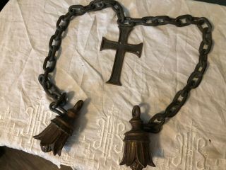 Old Antique Catholic Heavy Bronze Chain W/ Cross For Church Statue