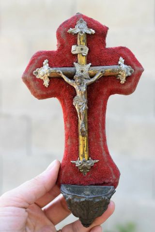⭐ Antique French Crucifix,  Holy Water Font,  Carved Wooden Cross,  19 Th Century ⭐
