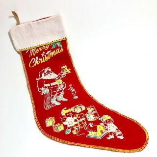 Vintage Christmas Stocking Red Flannel Santa And His Helpers