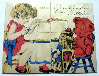 Vintage Birthday Card - Cute Girl Cutting Big Cake,  Doll,  Teddy Bear,  Cat,  Dog - 1930 