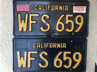 1963 California License Plates Pair Gold On Black Wfs 659