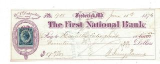 The First National Bank Check Frederick,  Md.  1876