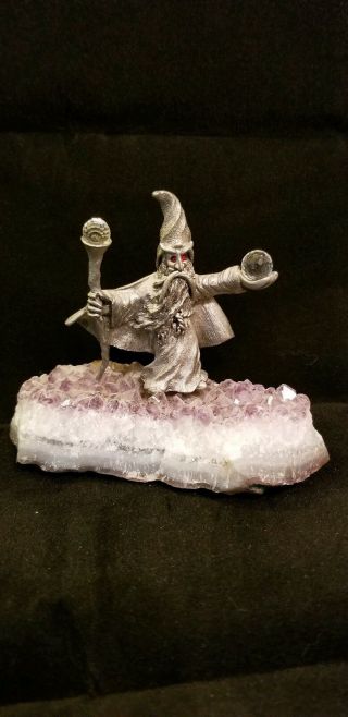 Vtg 80s Spoontiques Pewter Wizard Figurine W/ Crystal Ball On Amethyst Geode