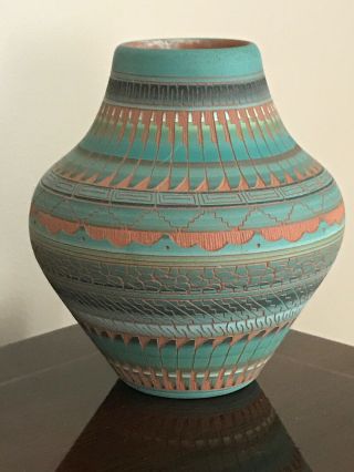 Navajo Vase • Made & Signed By Myron Charlie • Etched Vibrant Colors •